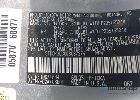 2014 Toyota Sienna Xle 7 Passenger z USA, uszkodzony, nr VIN 5TDDK3DC0ES087274